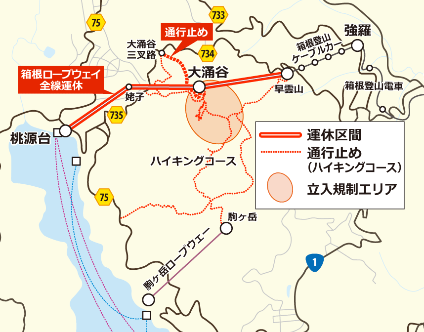 【箱根山】噴火警戒レベル2に引き上げ（大涌谷通行止）通行規制地図【登山口ナビ】