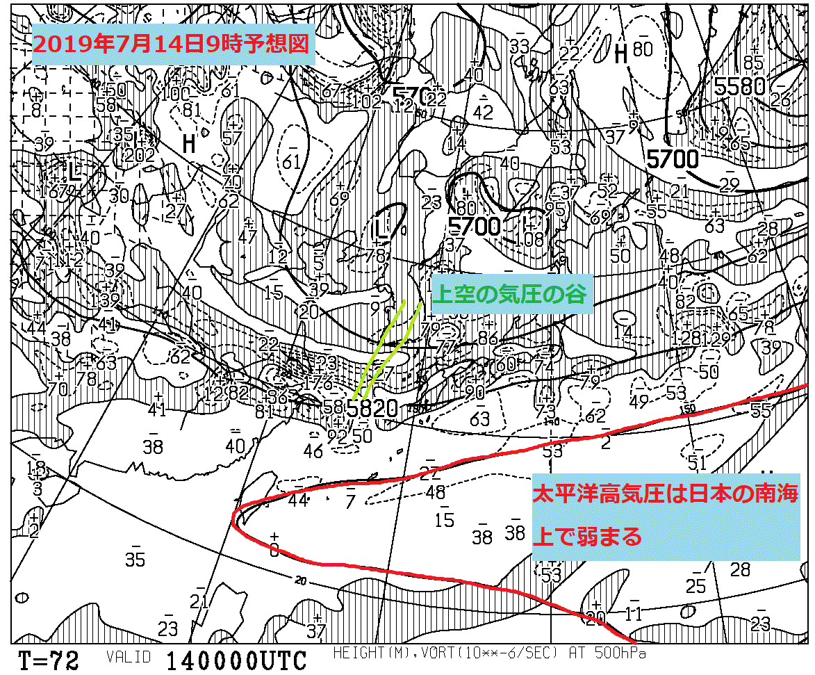 2019年7月14日の500hPa高度・渦度図【登山口ナビ】