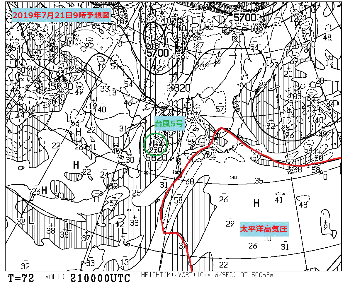 2019年7月21日の500hPa高度・渦度図【登山口ナビ】