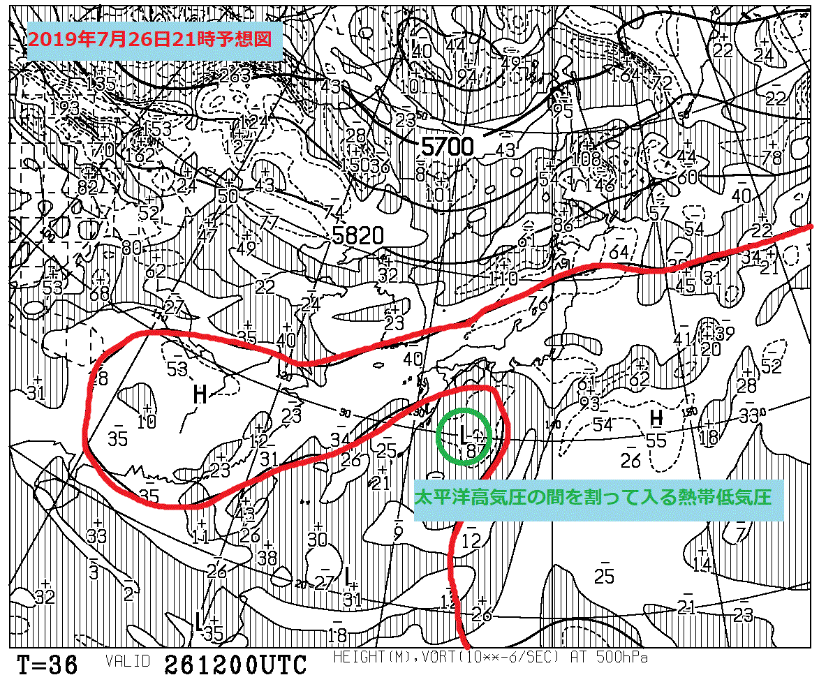 2019年7月26日21時の500hPa高度・渦度図【登山口ナビ】