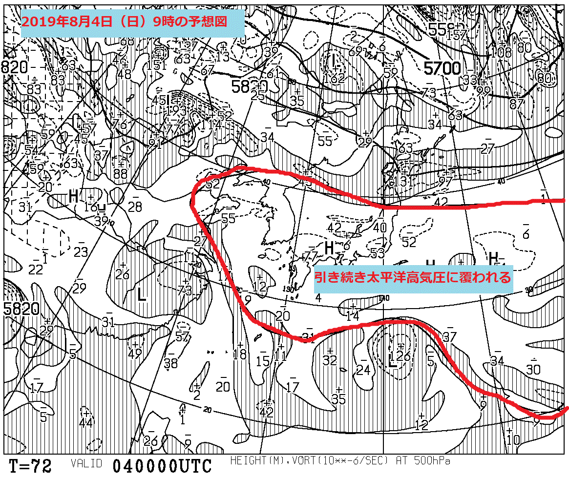 2019年8月4日の500hPa高度・渦度図【登山口ナビ】