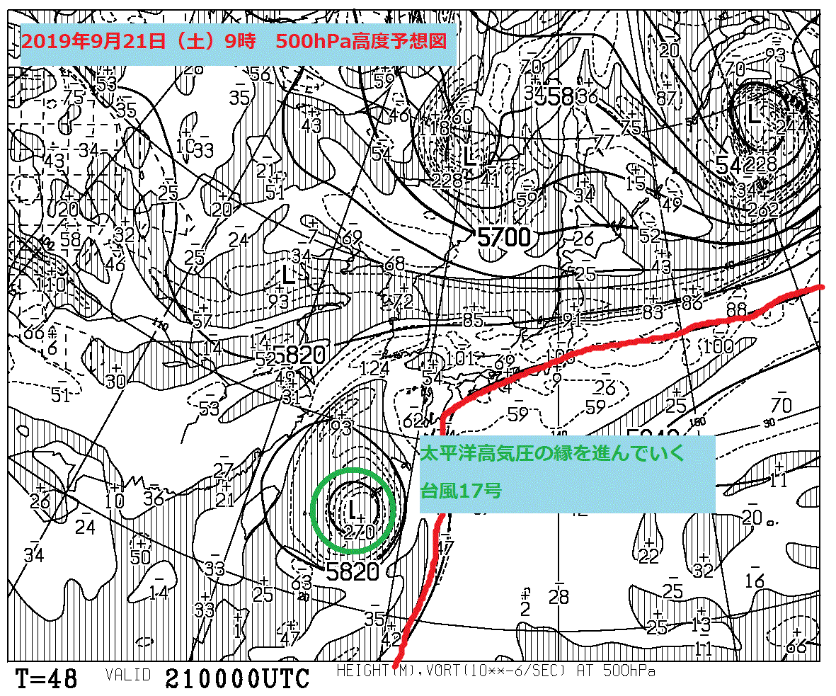2019年9月21日の500hPa高度・渦度図【登山口ナビ】