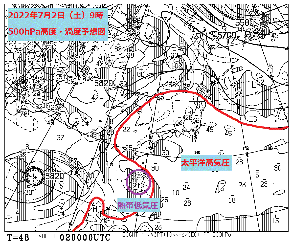 お天気コラム 2022年7月2日9時 500hPa高度・渦度予想図 【登山口ナビ】