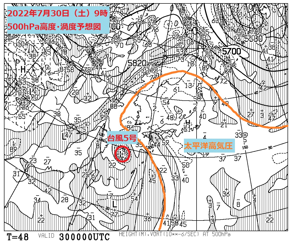 お天気コラム 2022年7月30日9時 500hPa高度・渦度予想図 【登山口ナビ】