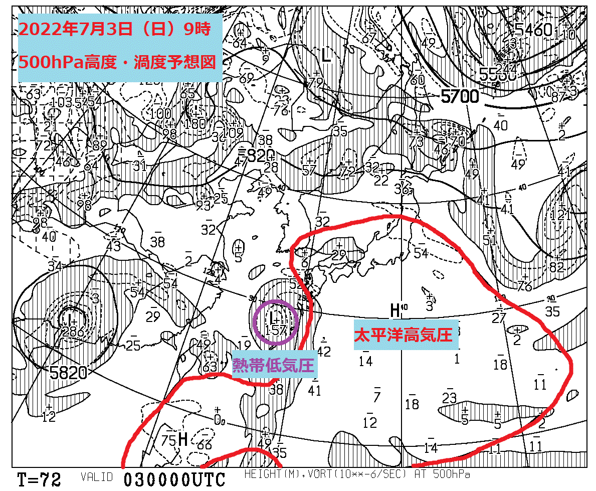 お天気コラム 2022年7月3日9時 500hPa高度・渦度予想図 【登山口ナビ】
