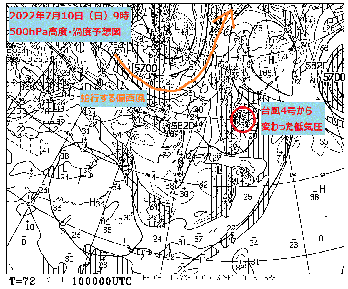 お天気コラム 2022年7月10日9時 500hPa高度・渦度予想図 【登山口ナビ】
