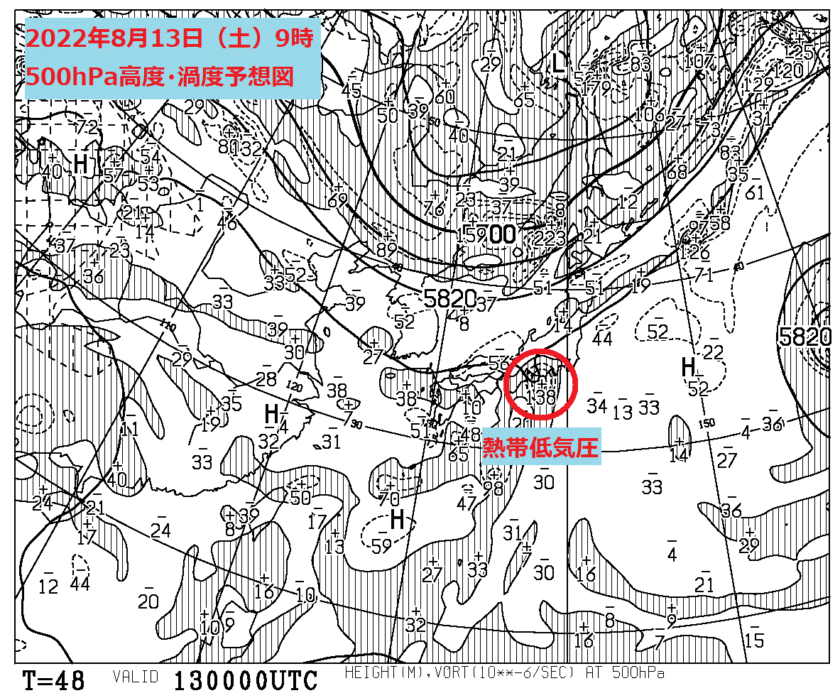 お天気コラム 2022年8月13日9時 500hPa高度・渦度予想図 【登山口ナビ】