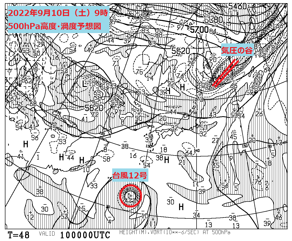 お天気コラム 2022年9月10日9時 500hPa高度・渦度予想図 【登山口ナビ】