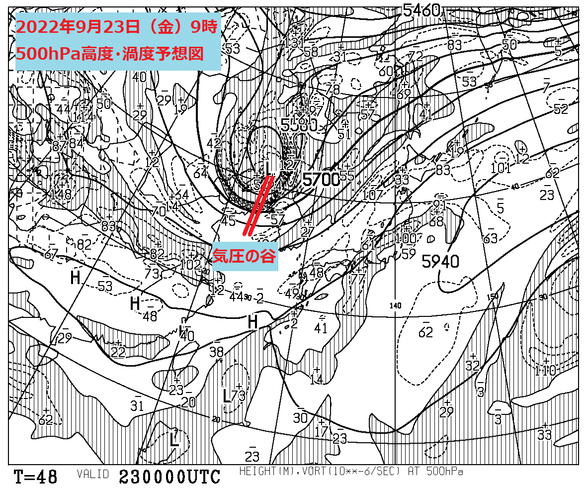 お天気コラム 2022年9月23日9時 500hPa高度・渦度予想図 【登山口ナビ】