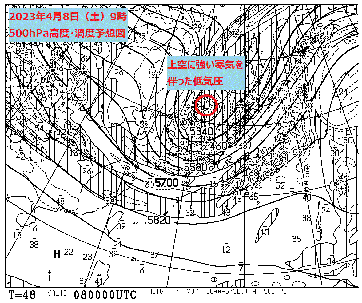 お天気コラム 2023年4月8日9時 500hPa高度・過度予想図 【登山口ナビ】