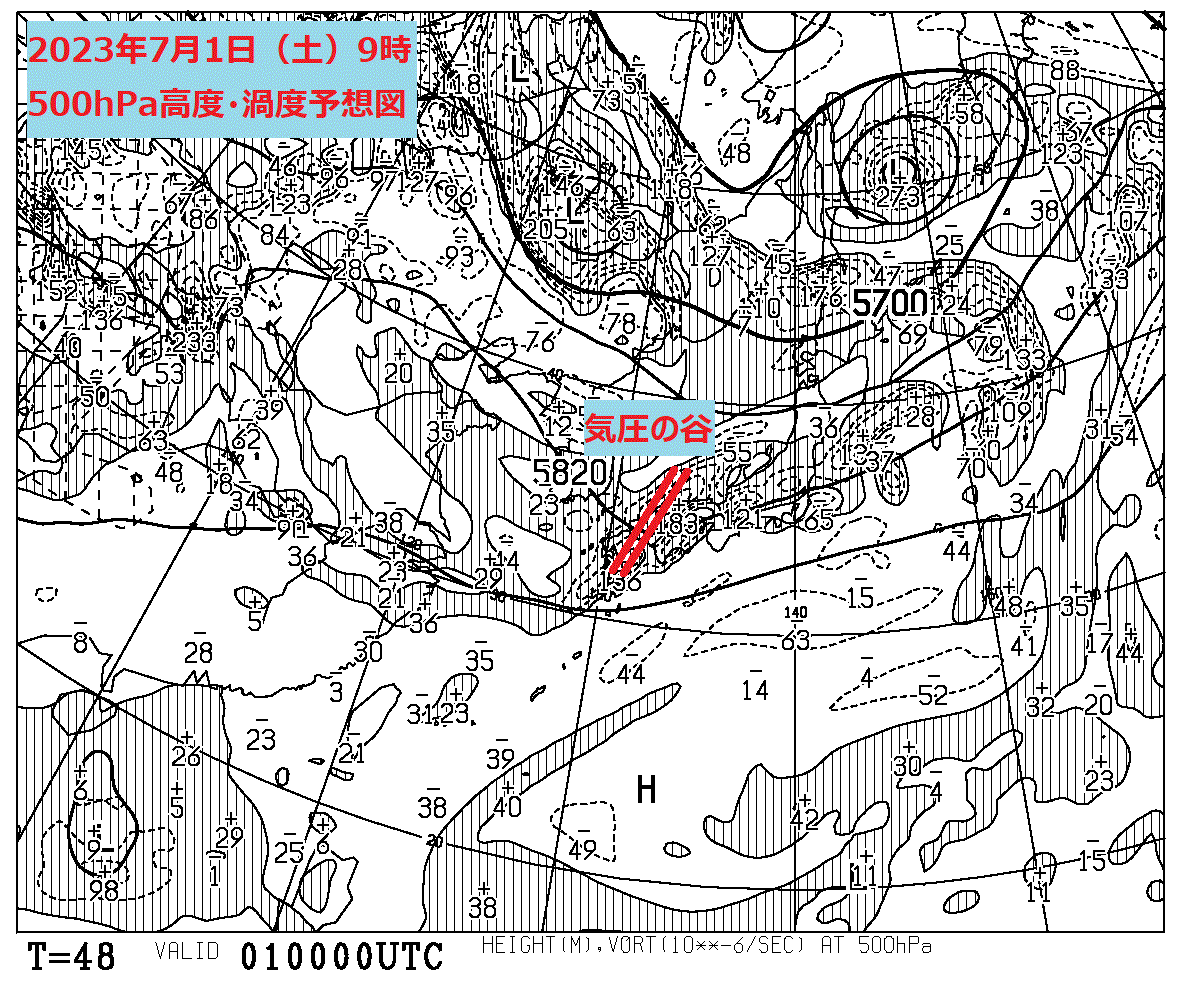 お天気コラム 2023年7月1日9時 500hPa高度・渦度予想図 【登山口ナビ】