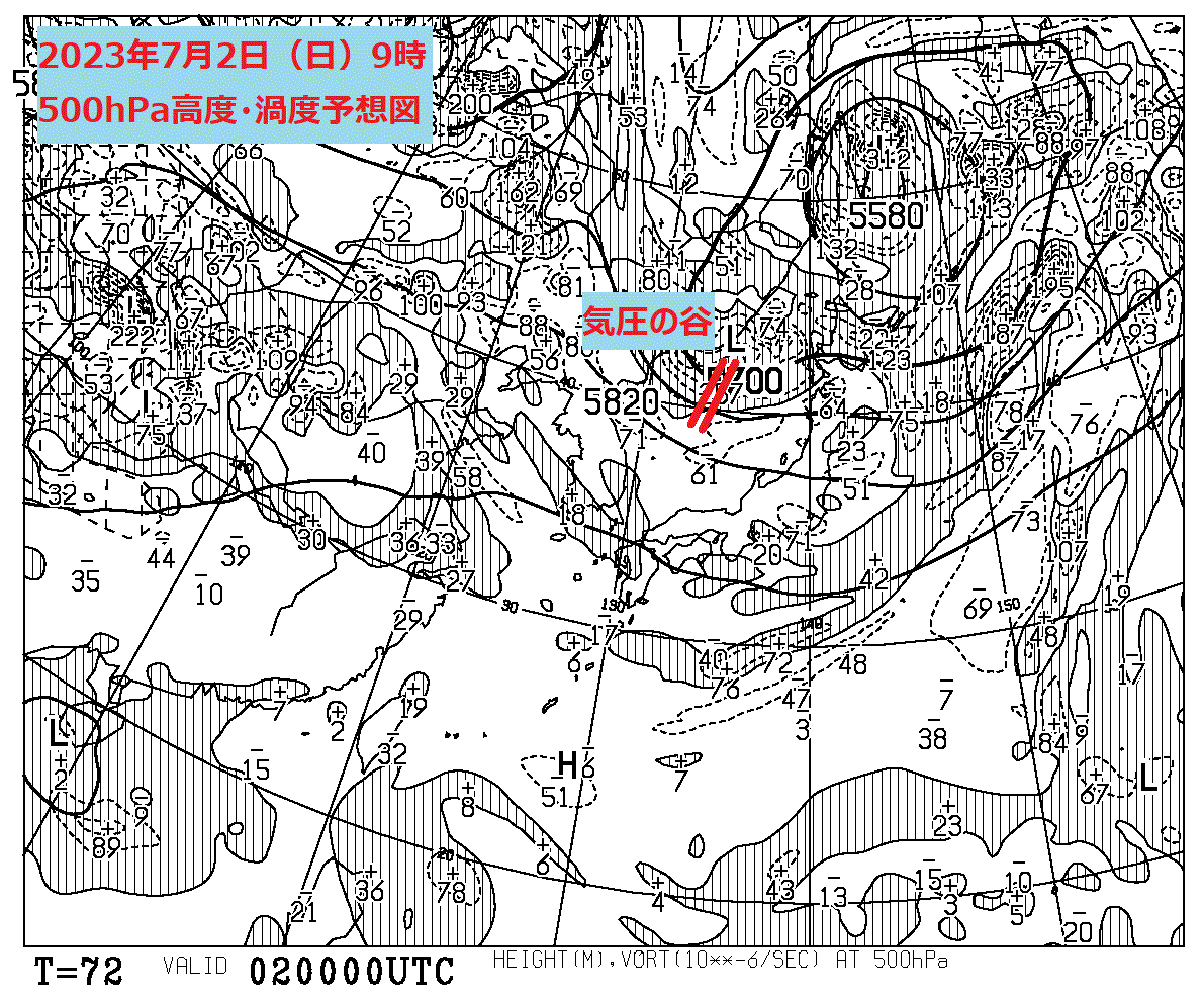 お天気コラム 2023年7月2日9時 500hPa高度・渦度予想図 【登山口ナビ】