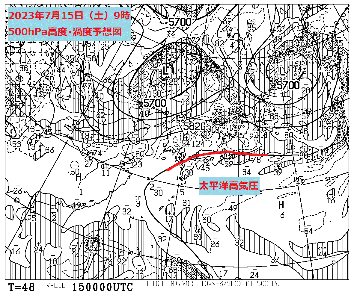 お天気コラム 2023年7月15日9時 500hPa高度・渦度予想図 【登山口ナビ】