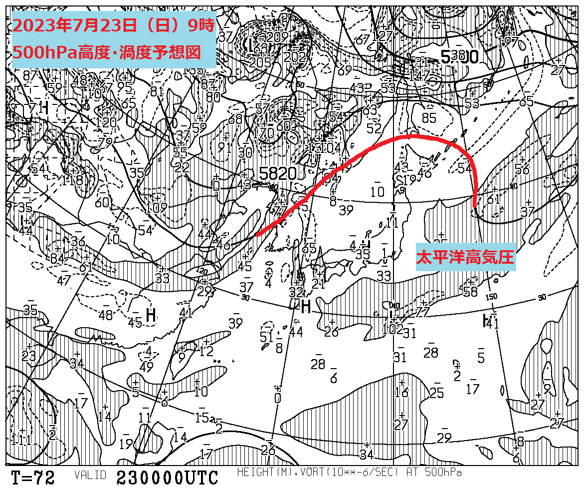 お天気コラム 2023年7月23日9時 500hPa高度・渦度予想図 【登山口ナビ】