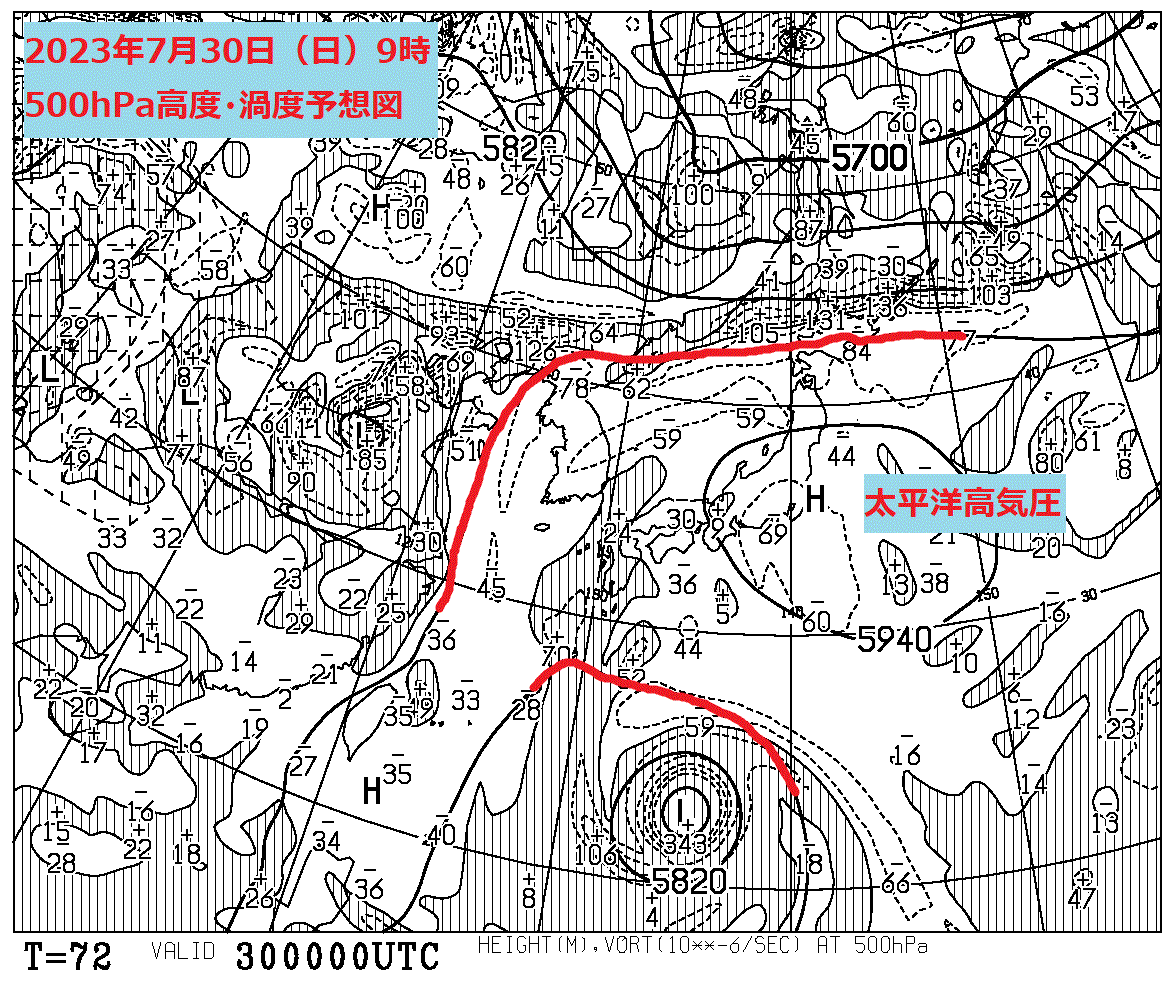 お天気コラム 2023年7月30日9時 500hPa高度・渦度予想図 【登山口ナビ】