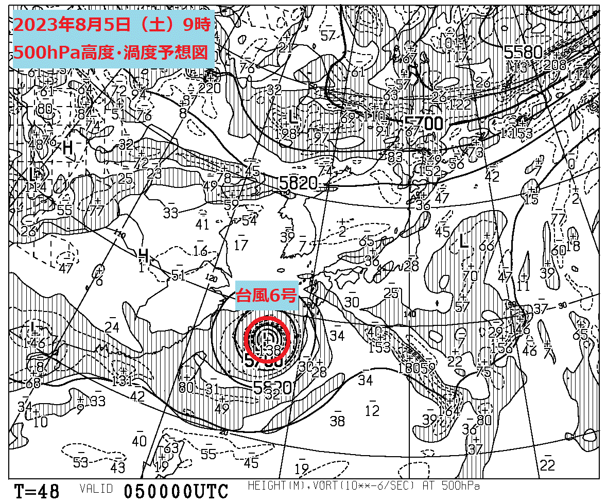 お天気コラム 2023年8月5日9時 500hPa高度・渦度予想図 【登山口ナビ】