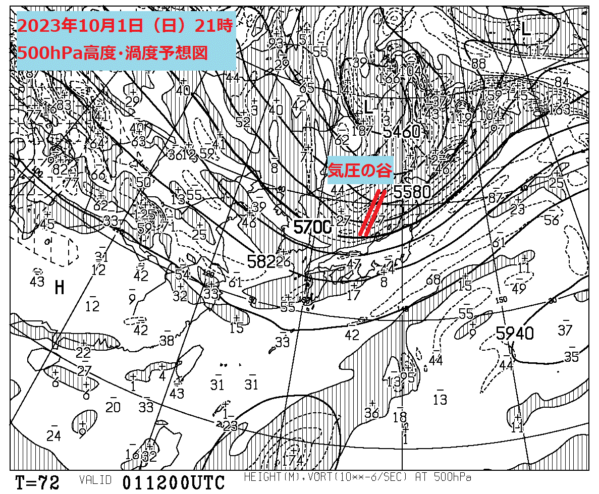 お天気コラム 2023年10月1日21時 500hPa高度・渦度予想図 【登山口ナビ】