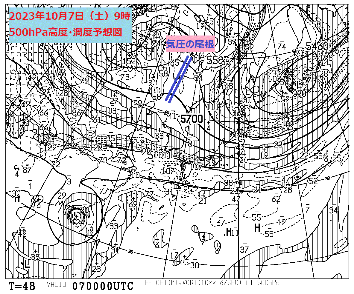 お天気コラム 2023年10月7日9時 500hPa高度・渦度予想図 【登山口ナビ】
