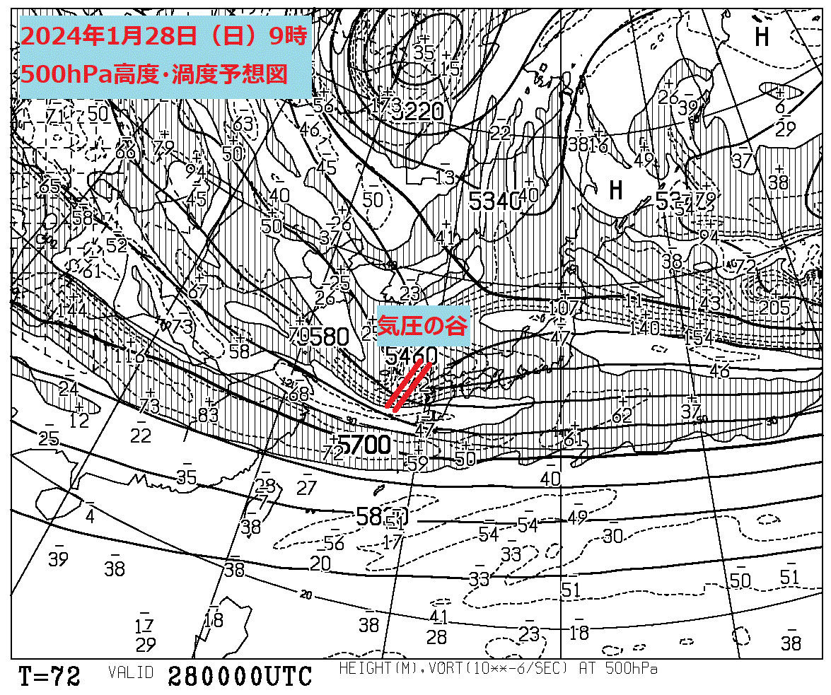 お天気コラム 2024年1月28日9時 500hPa高度・渦度予想図 【登山口ナビ】
