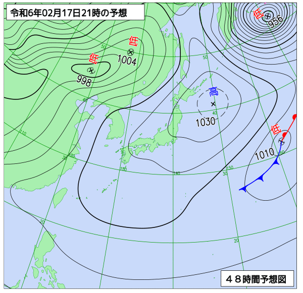 お天気コラム 2024年2月17日21時 地上予想天気図 【登山口ナビ】