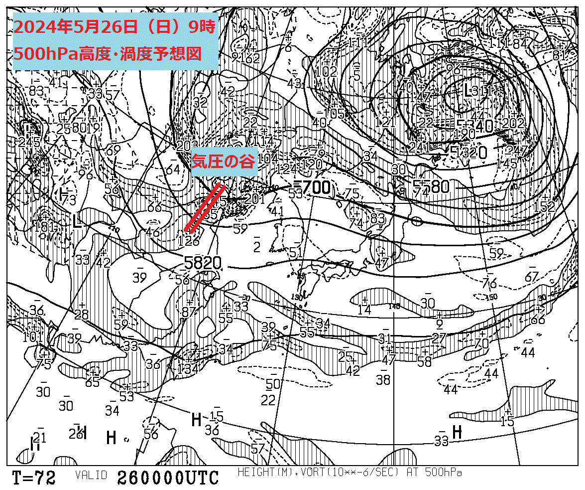 お天気コラム 2024年5月26日9時 500hPa高度渦度予想図【登山口ナビ】