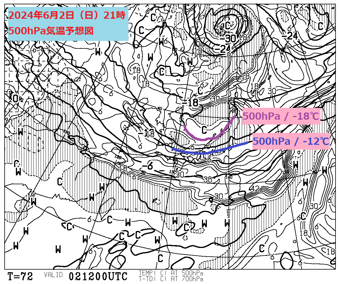 お天気コラム 2024年6月2日21時 500hPa気温予想図【登山口ナビ】