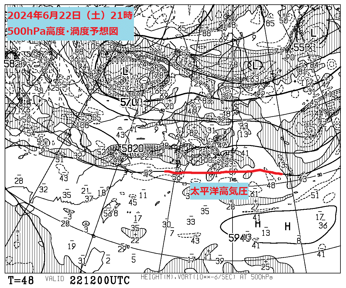 お天気コラム 2024年6月22日21時 500hPa高度渦度予想図【登山口ナビ】