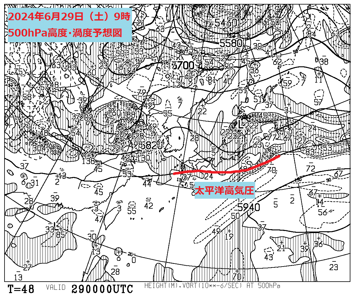 お天気コラム 2024年6月29日9時 500hPa高度渦度予想図【登山口ナビ】