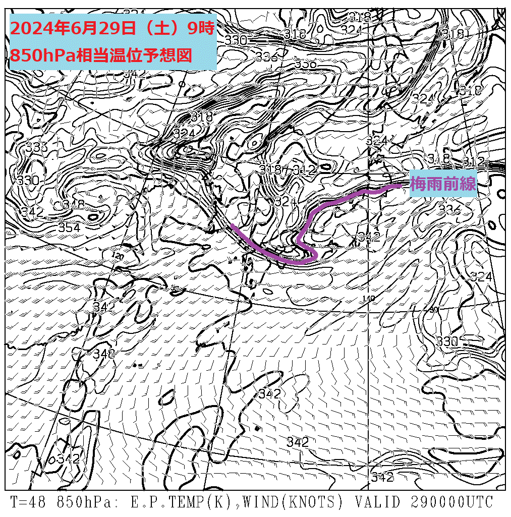 お天気コラム 2024年6月29日9時 850hPa相当温位予想図【登山口ナビ】