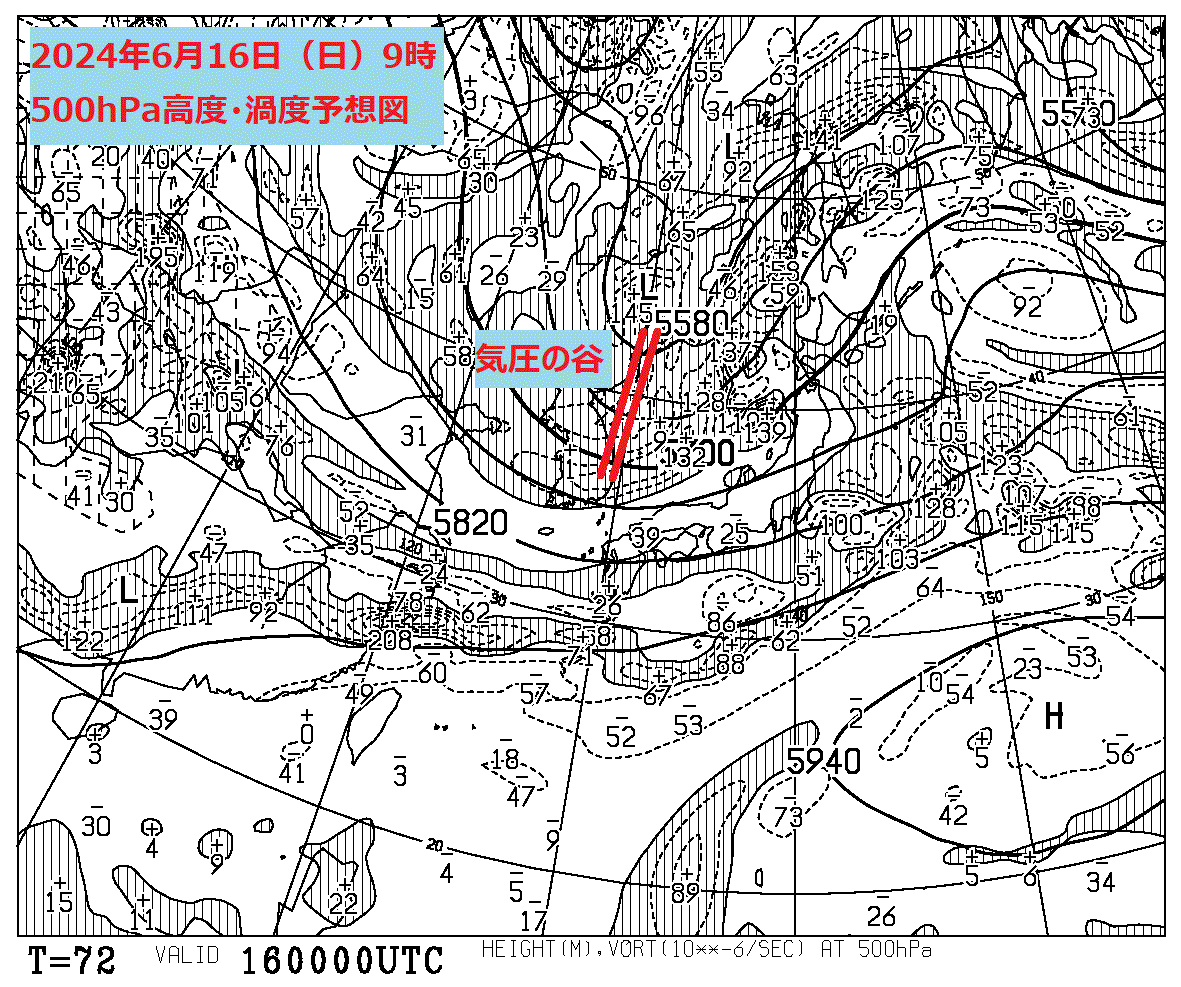 お天気コラム 2024年6月16日9時 500hPa高度渦度予想図【登山口ナビ】