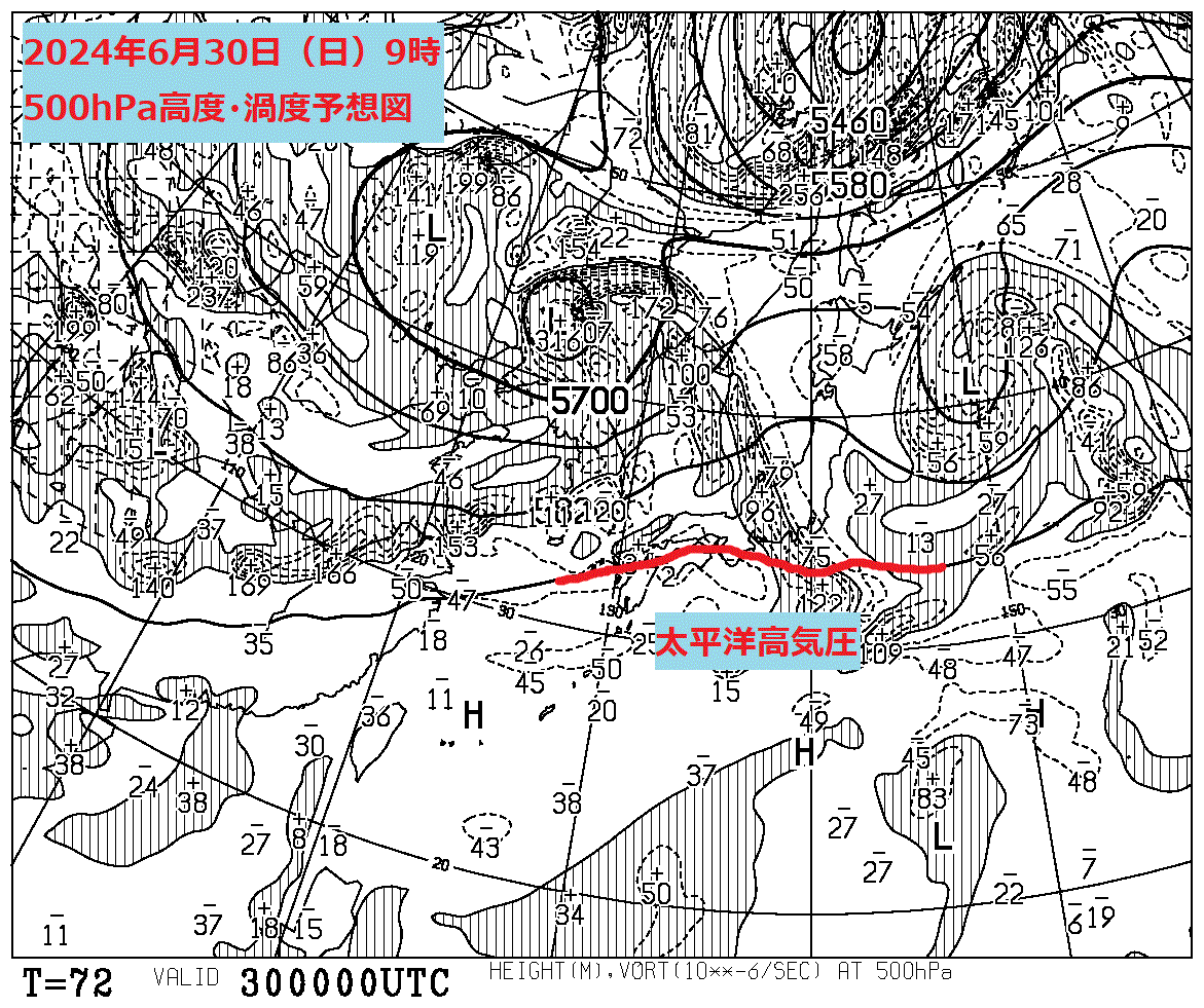 お天気コラム 2024年6月30日9時 500hPa高度渦度予想図【登山口ナビ】