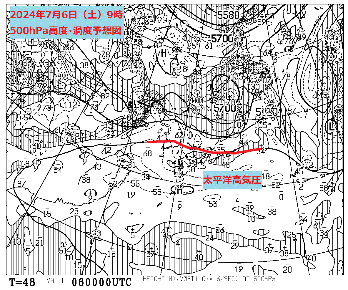 お天気コラム 2024年7月6日9時 500hPa高度渦度予想図【登山口ナビ】