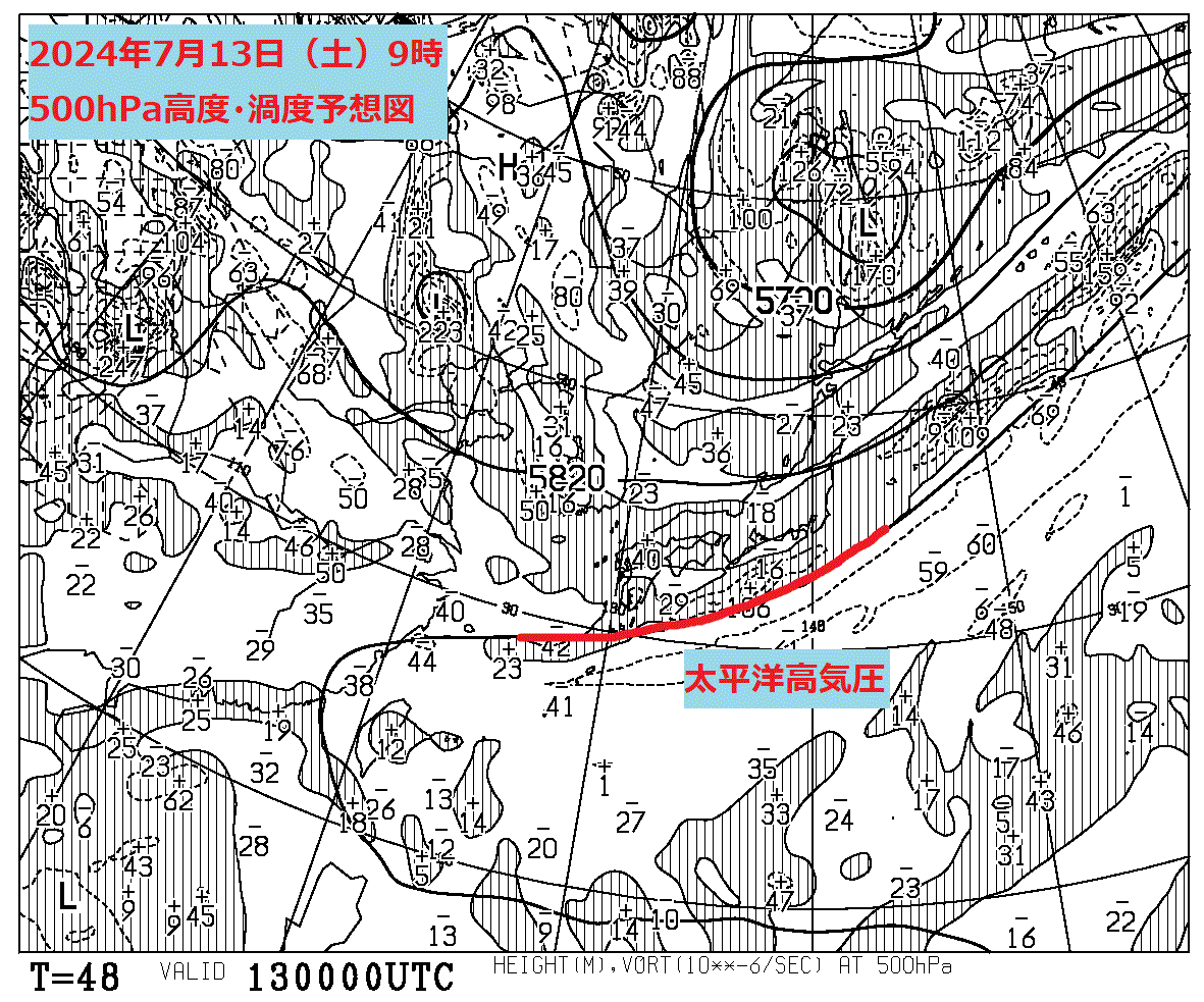 お天気コラム 2024年7月13日9時 500hPa高度渦度予想図【登山口ナビ】