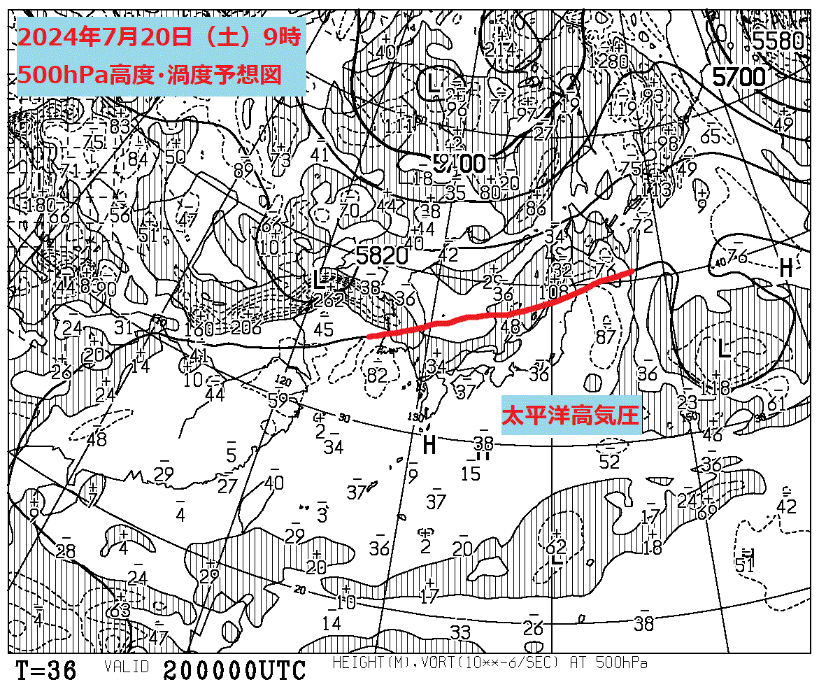 お天気コラム 2024年7月20日9時 500hPa高度渦度予想図【登山口ナビ】