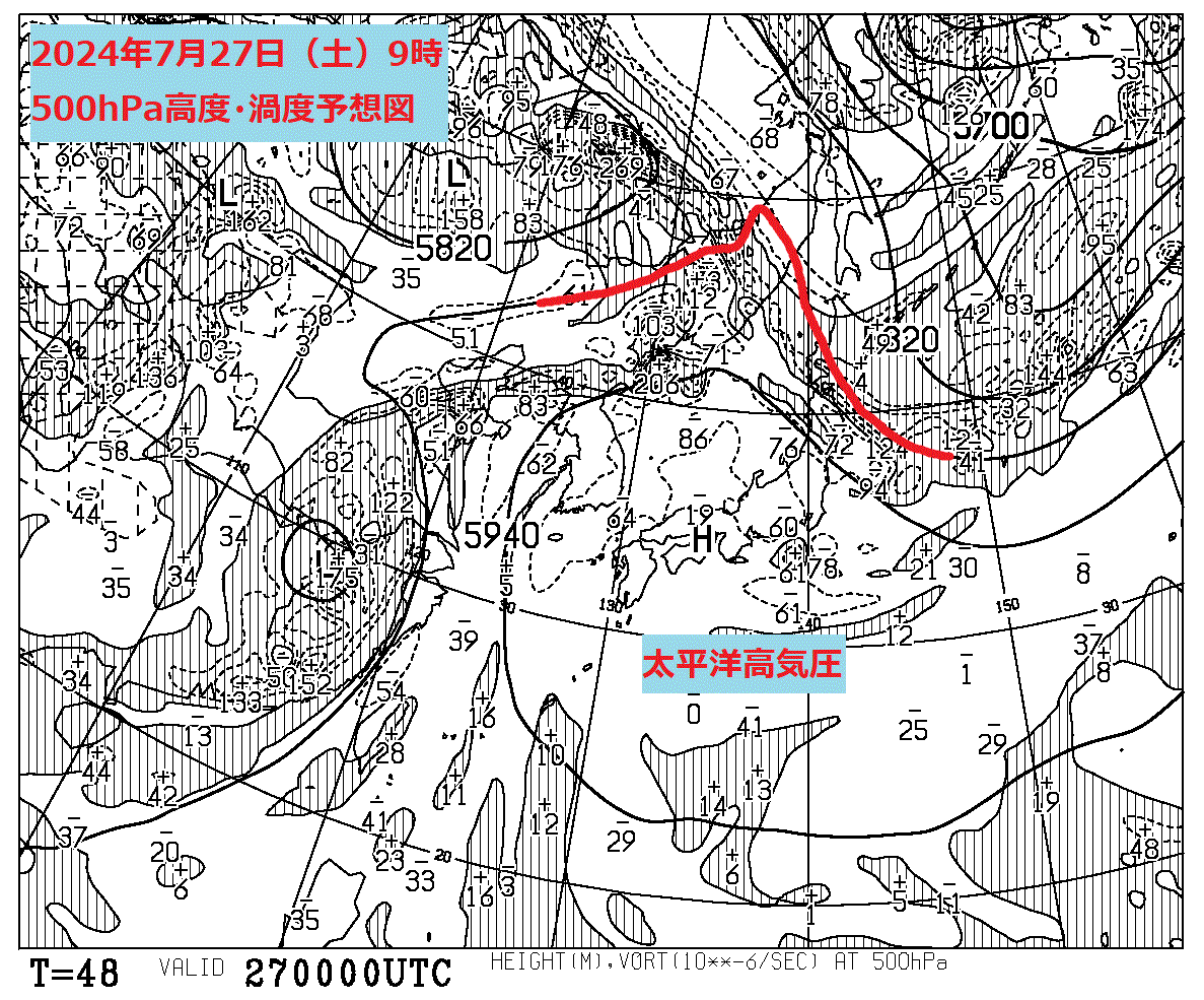 お天気コラム 2024年7月27日9時 500hPa高度渦度予想図【登山口ナビ】