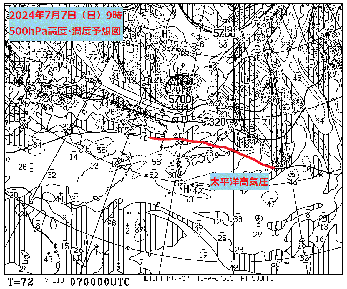 お天気コラム 2024年7月7日9時 500hPa高度渦度予想図【登山口ナビ】