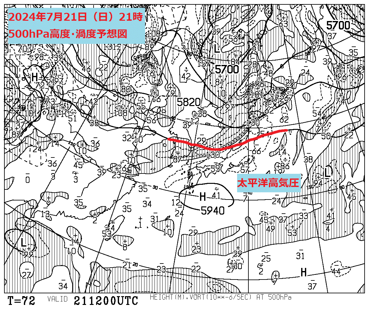 お天気コラム 2024年7月21日21時 500hPa高度渦度予想図【登山口ナビ】