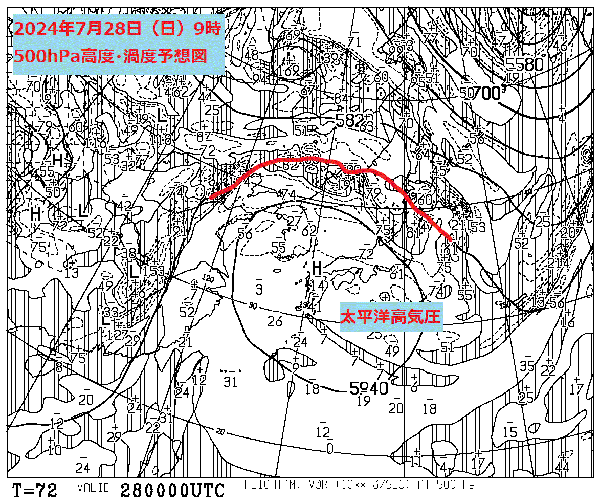 お天気コラム 2024年7月28日9時 500hPa高度渦度予想図【登山口ナビ】