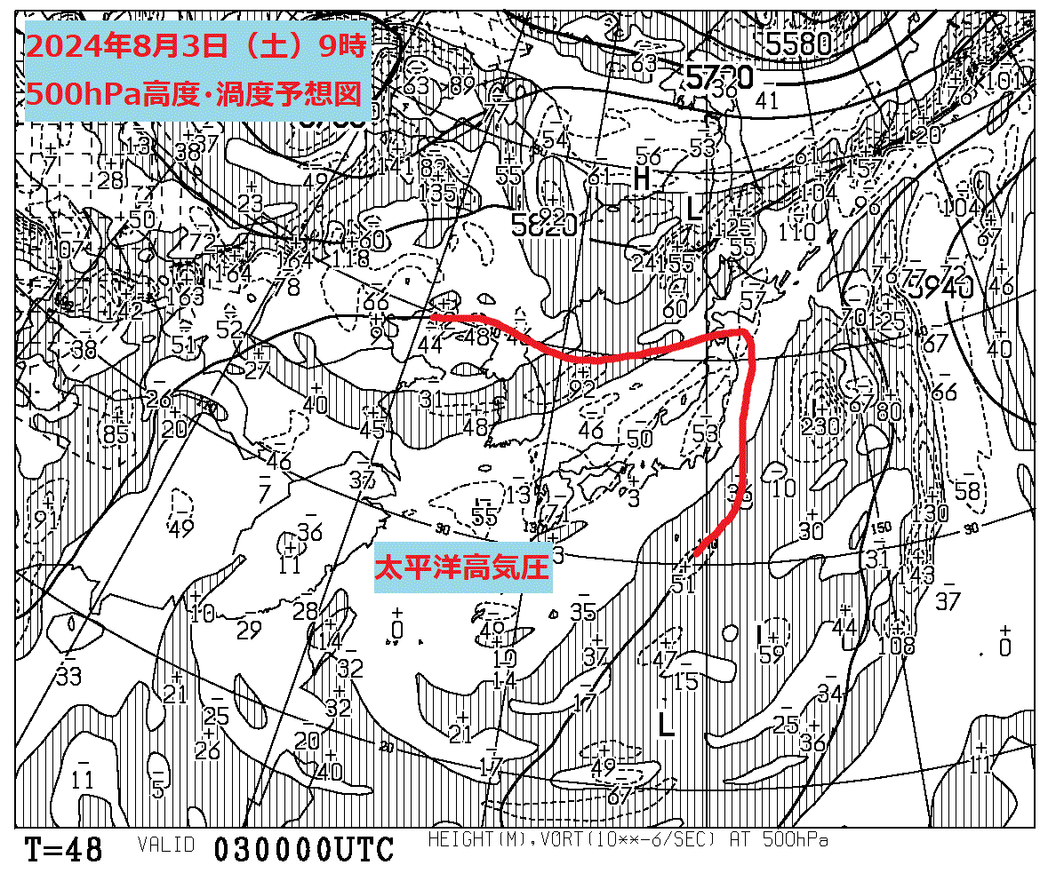 お天気コラム 2024年8月3日9時 500hPa高度渦度予想図【登山口ナビ】