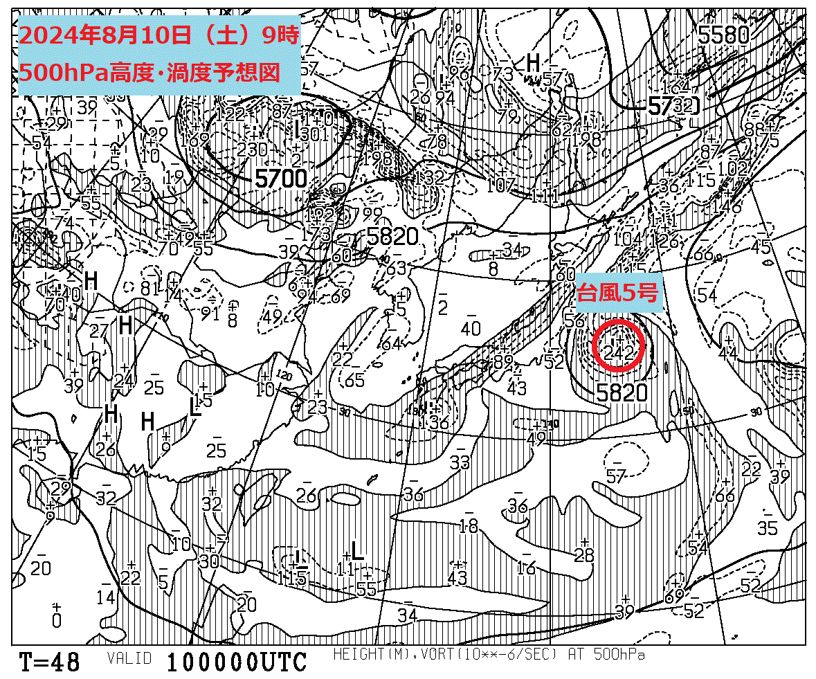 お天気コラム 2024年8月10日9時 500hPa高度渦度予想図【登山口ナビ】