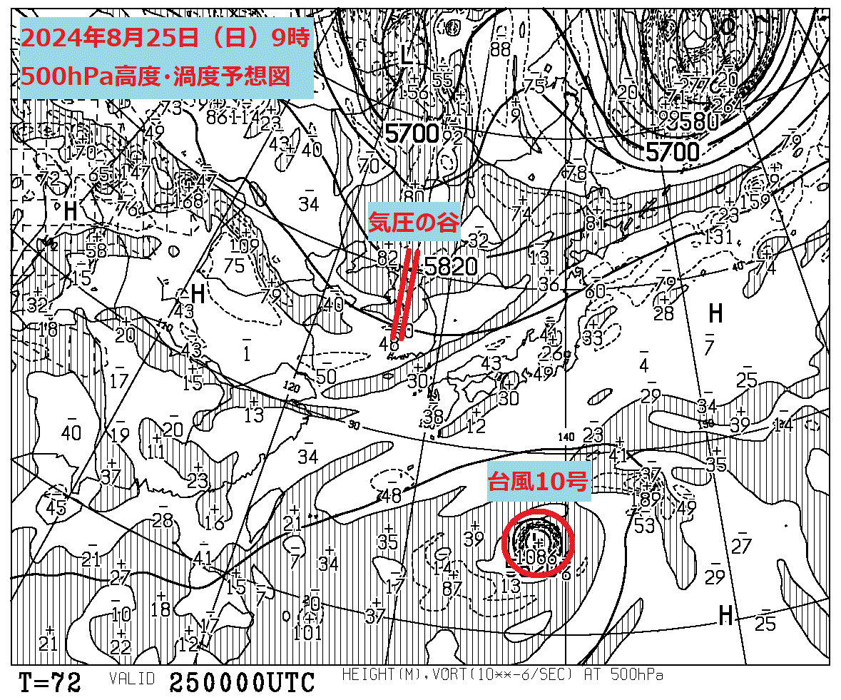 お天気コラム 2024年8月25日9時 500hPa高度渦度予想図【登山口ナビ】