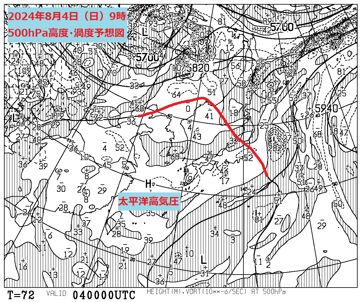 お天気コラム 2024年8月4日9時 500hPa高度渦度予想図【登山口ナビ】