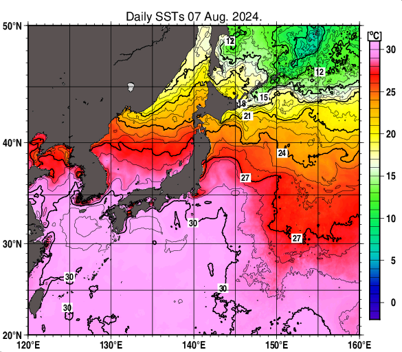 お天気コラム 2024年8月7日 日本近海の海水温【登山口ナビ】