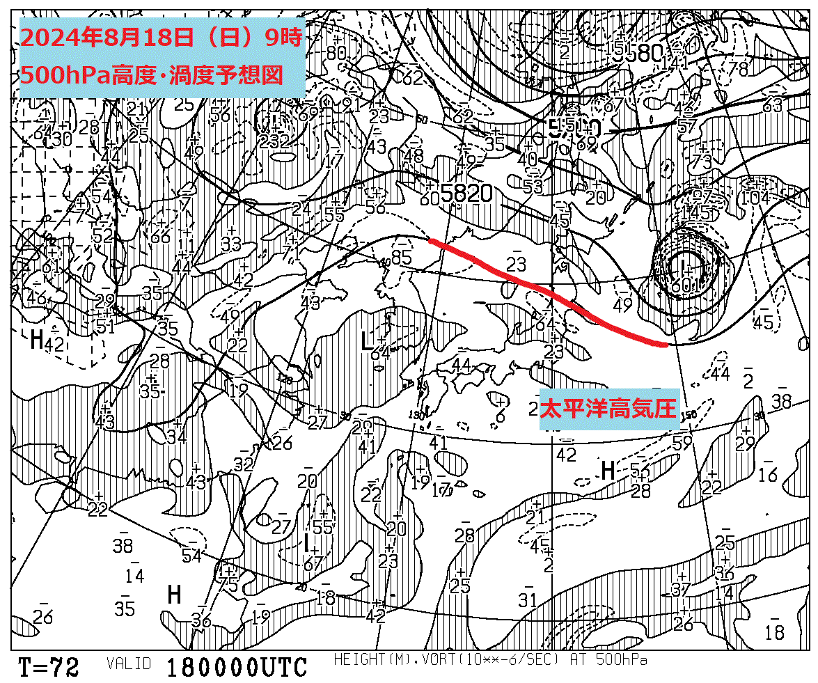 お天気コラム 2024年8月18日9時 500hPa高度渦度予想図【登山口ナビ】