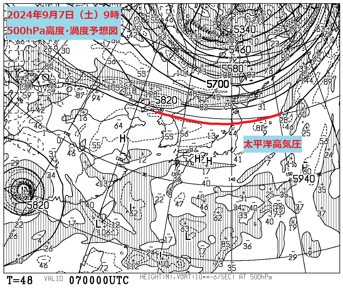 お天気コラム 2024年9月7日9時 500hPa高度渦度予想図【登山口ナビ】