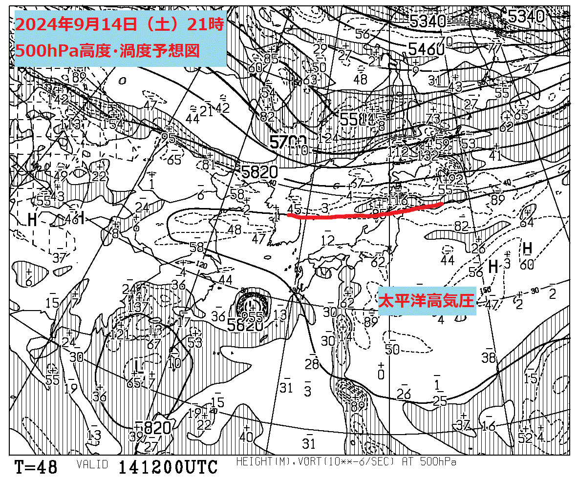 お天気コラム 2024年9月14日21時 500hPa高度渦度予想図【登山口ナビ】