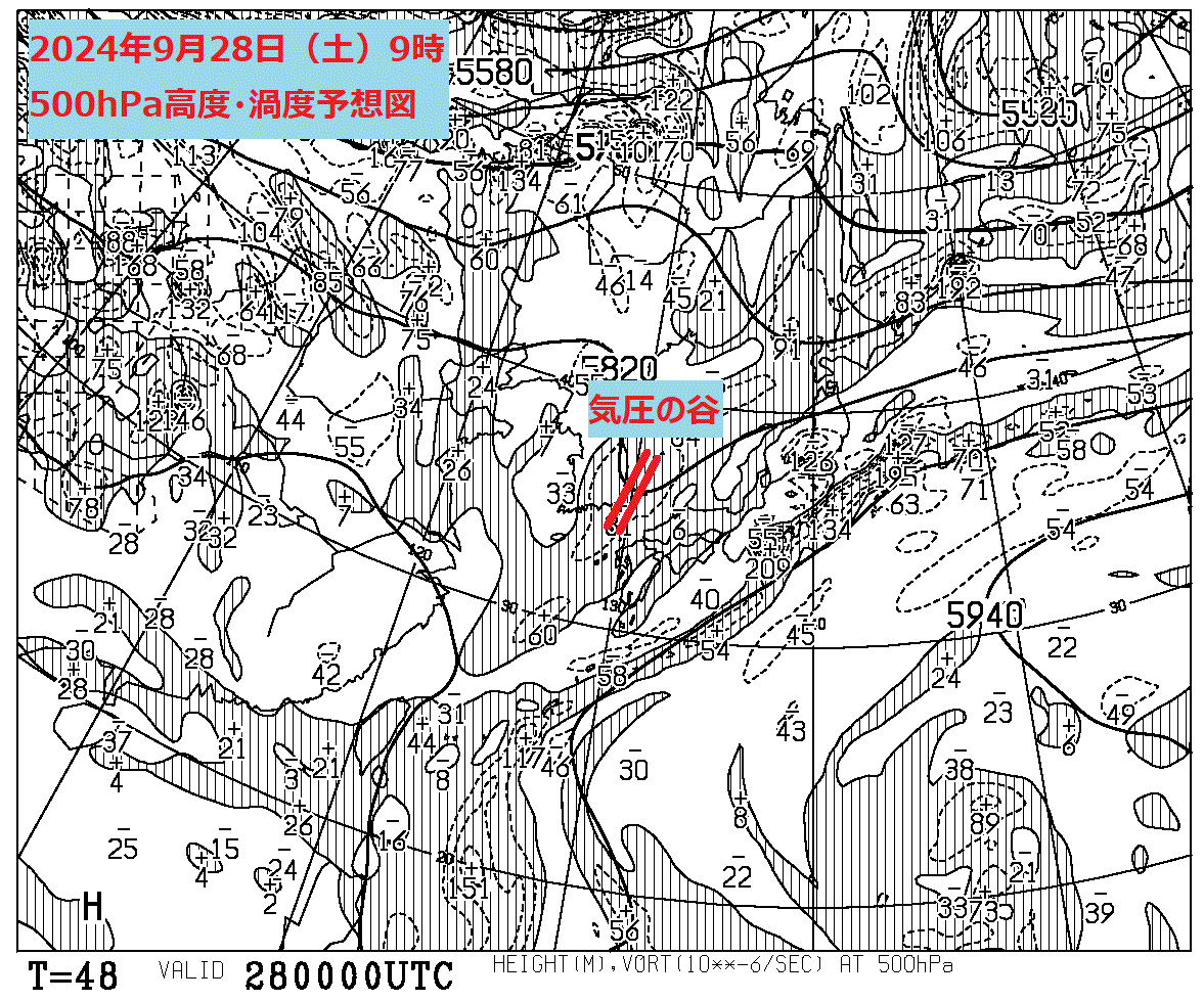 お天気コラム 2024年9月28日21時 500hPa高度渦度予想図【登山口ナビ】