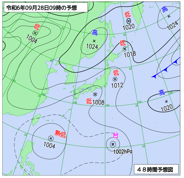 お天気コラム 2024年9月28日21時 予想天気図【登山口ナビ】