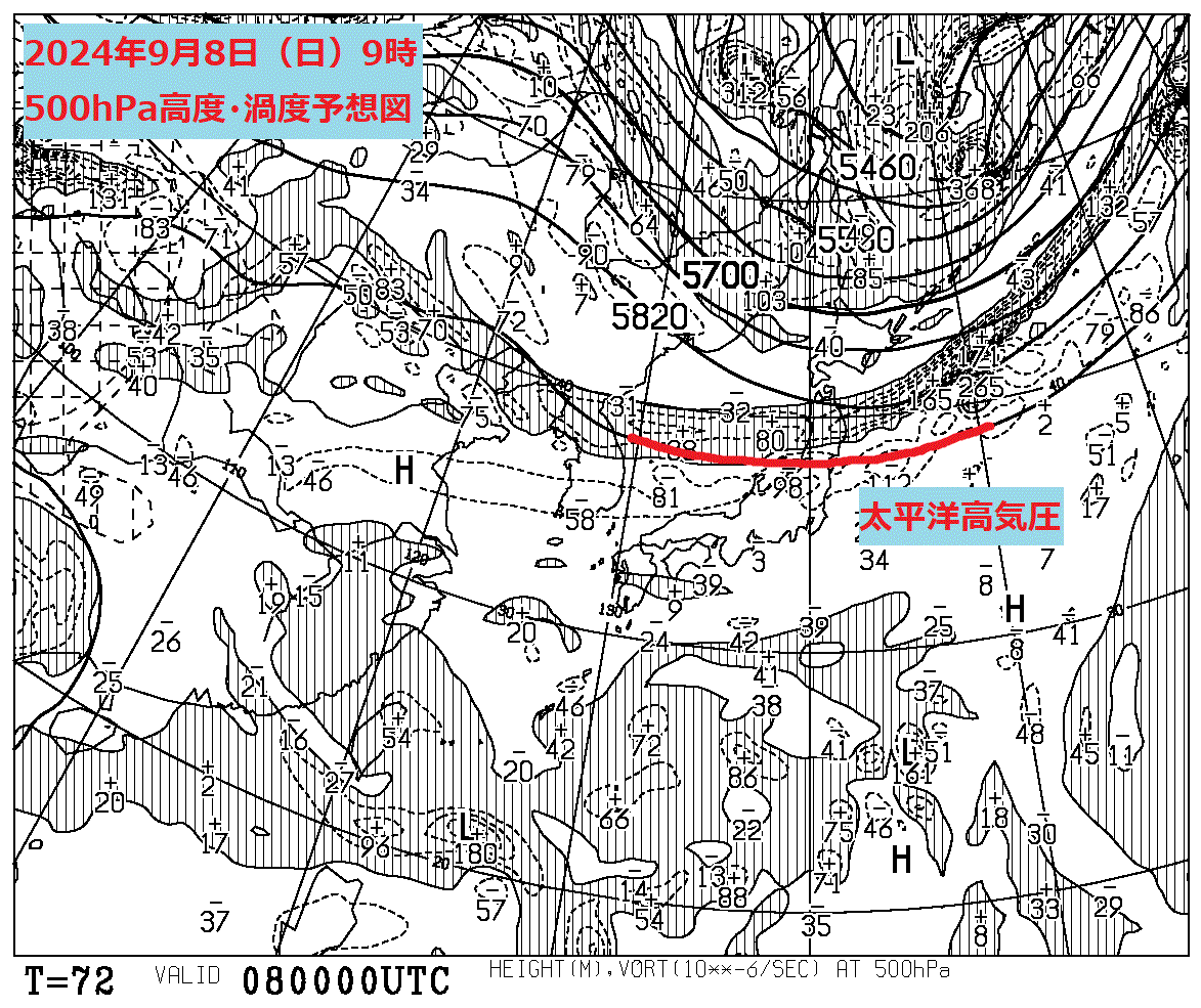 お天気コラム 2024年9月8日9時 500hPa高度渦度予想図【登山口ナビ】