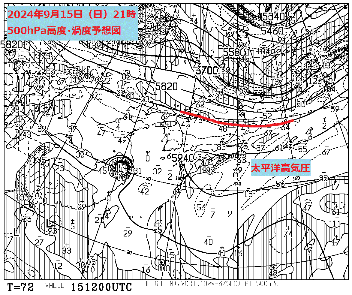 お天気コラム 2024年9月15日21時 500hPa高度渦度予想図【登山口ナビ】